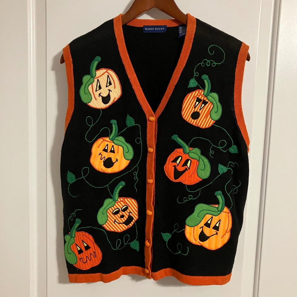 Karen Scott Women's Halloween Pumpkin Sweater Vest Black Orange Knit Large